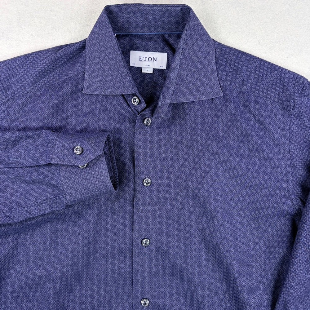 Eton Slim Fit Dress Shirt Blue Geometric Micro Print Mens 15.5 39 M Long Sleeve
